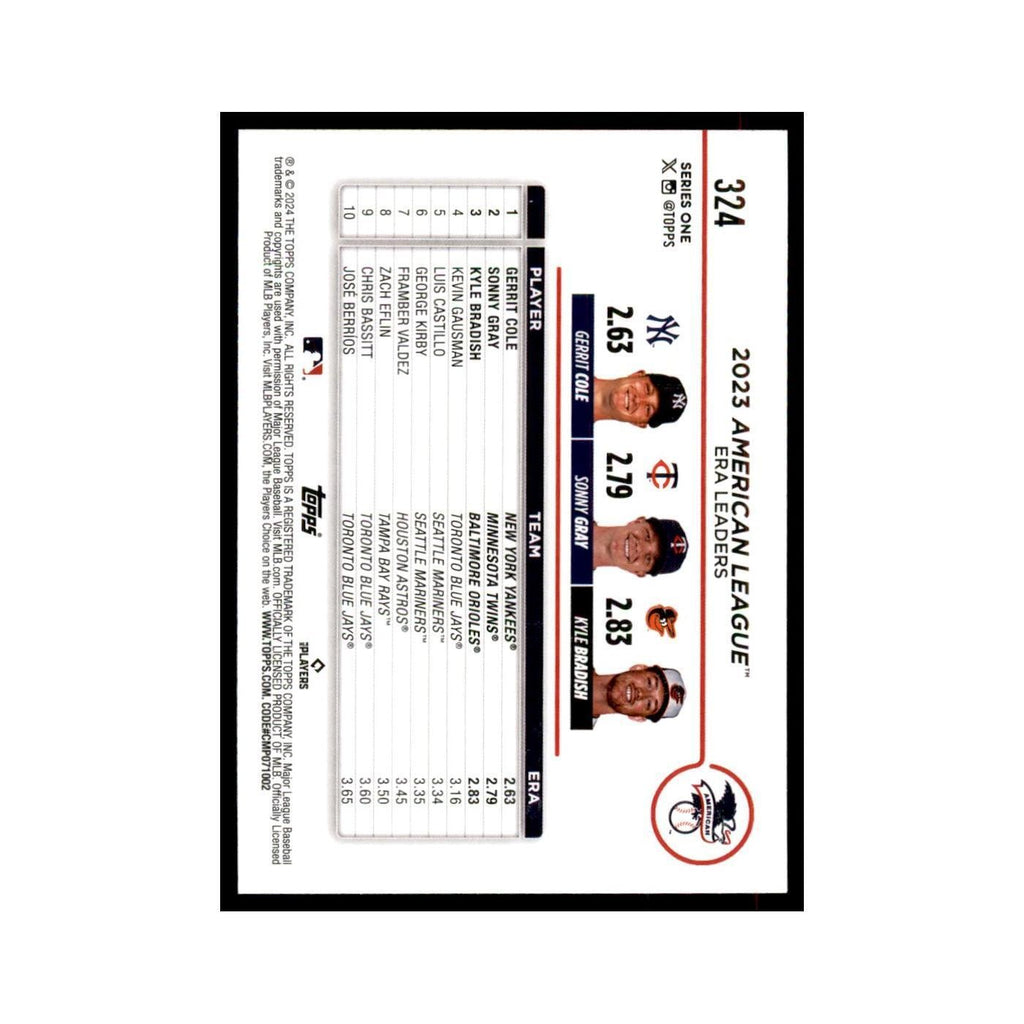 2024 Topps Series 1 Sonny Gray / Gerrit Cole / Kyle Bradish AL ERA Leaders #324