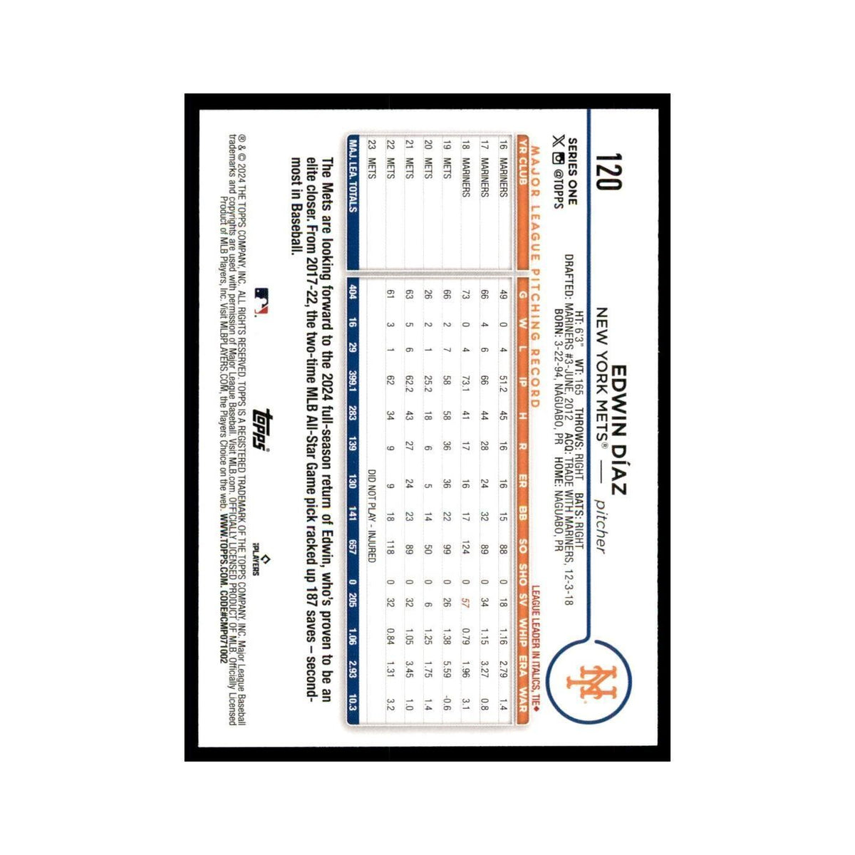 2024 Topps Series 1 Edwin Diaz 1 Mets #120