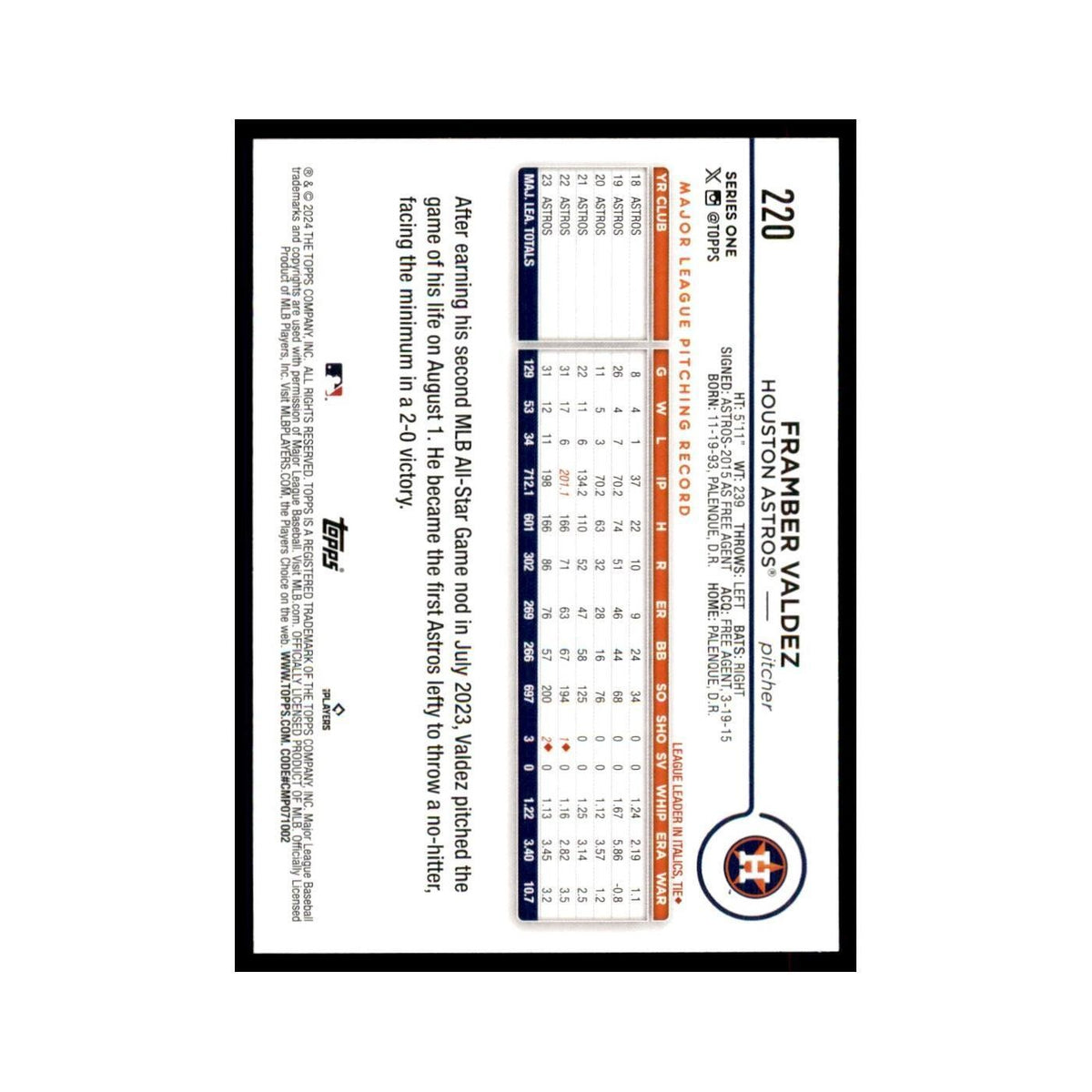 2024 Topps Series 1 Framber Valdez Astros #220