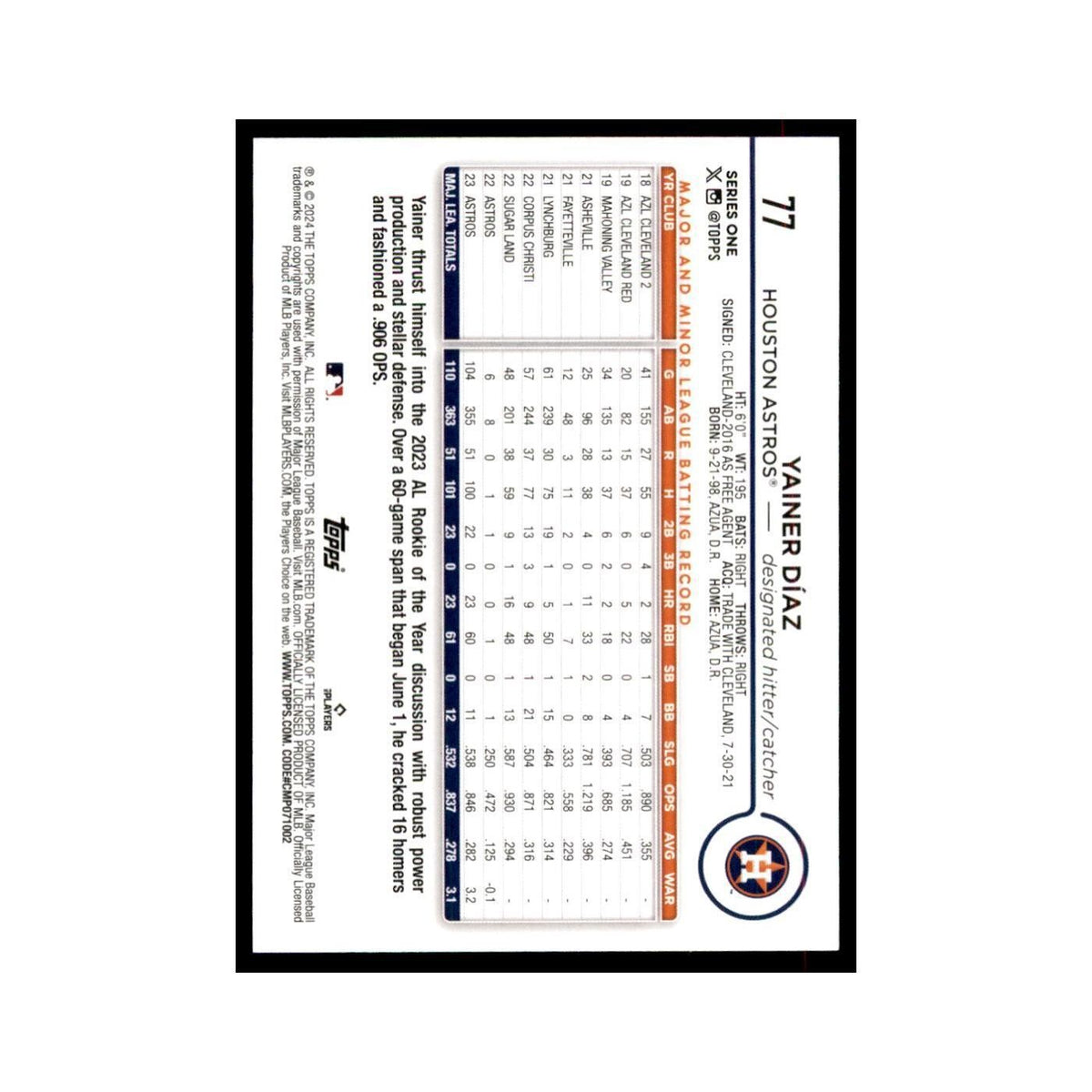 2024 Topps Series 1 Yainer Diaz 1 Astros #77