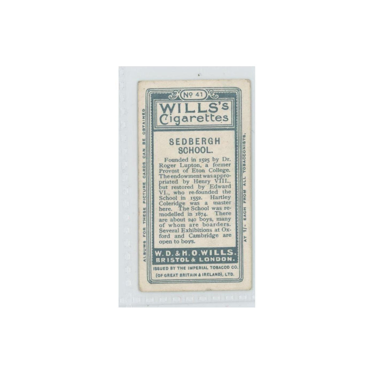 1907 Wills's Cigarettes School Sedbergh School #41