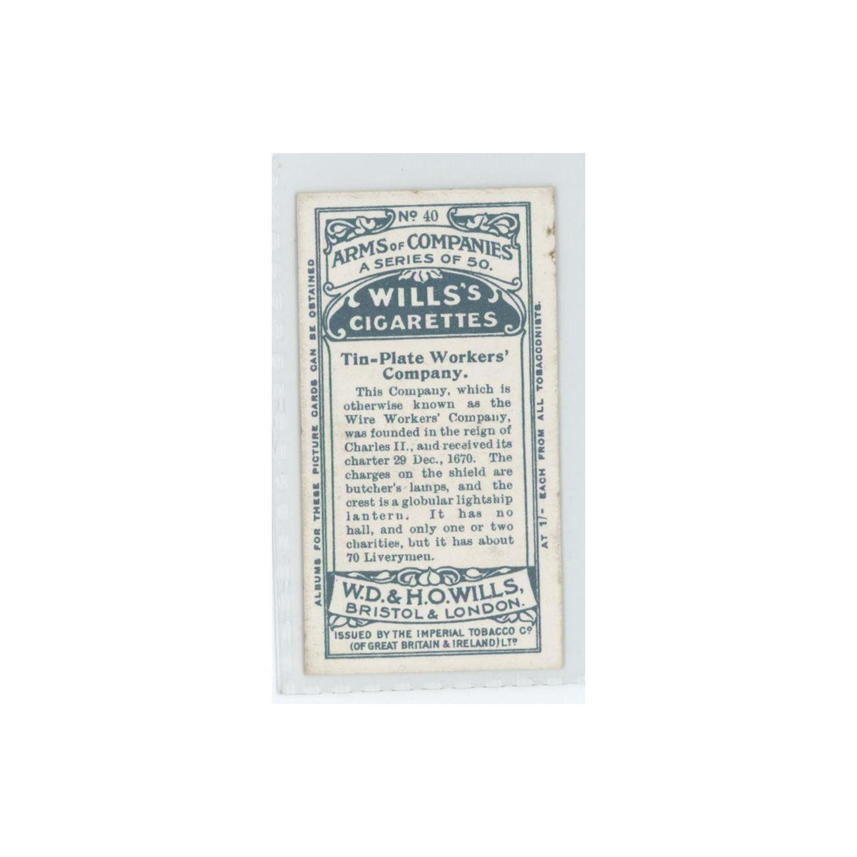 1913 Wills's Cigarettes Arms of Companies Tin-Plate Workers' #40