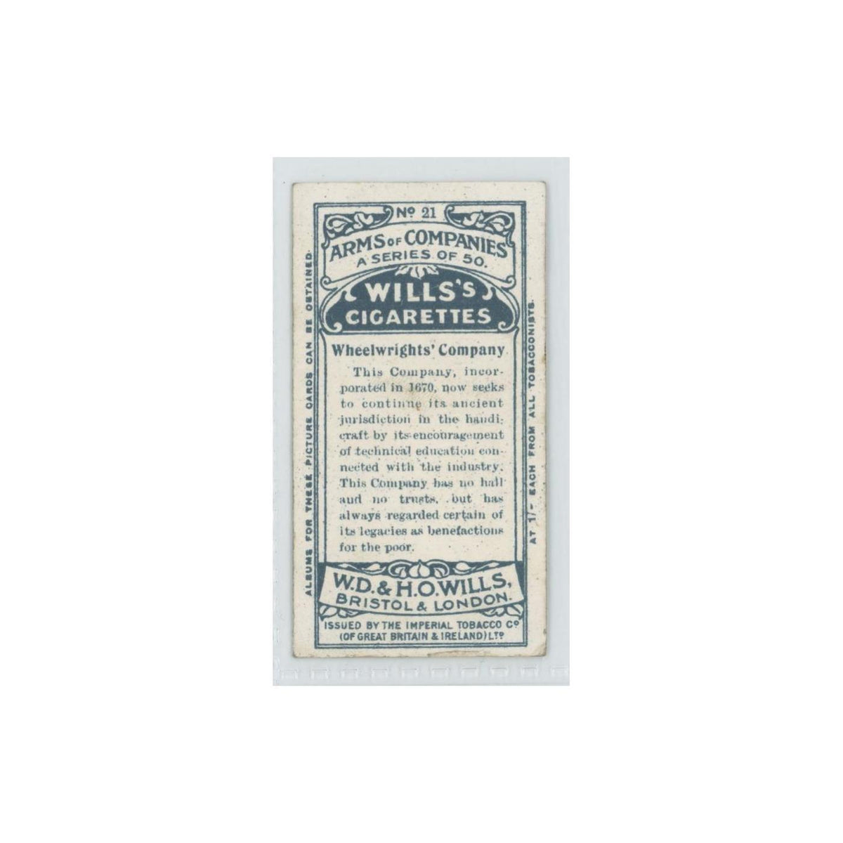 1913 Wills's Cigarettes Arms of Companies Wheelwrights' #21