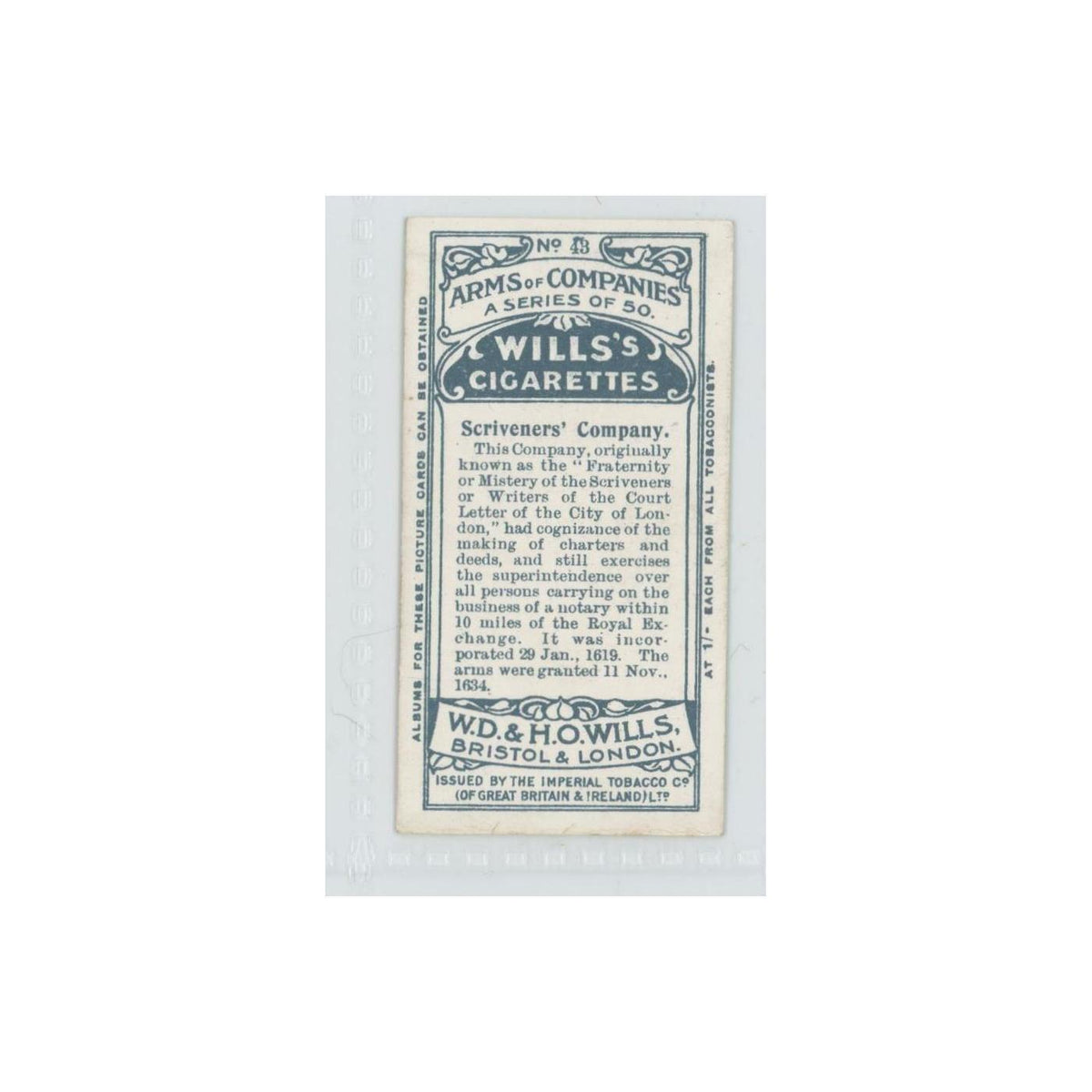 1913 Wills's Cigarettes Arms of Companies Scriveners' #43