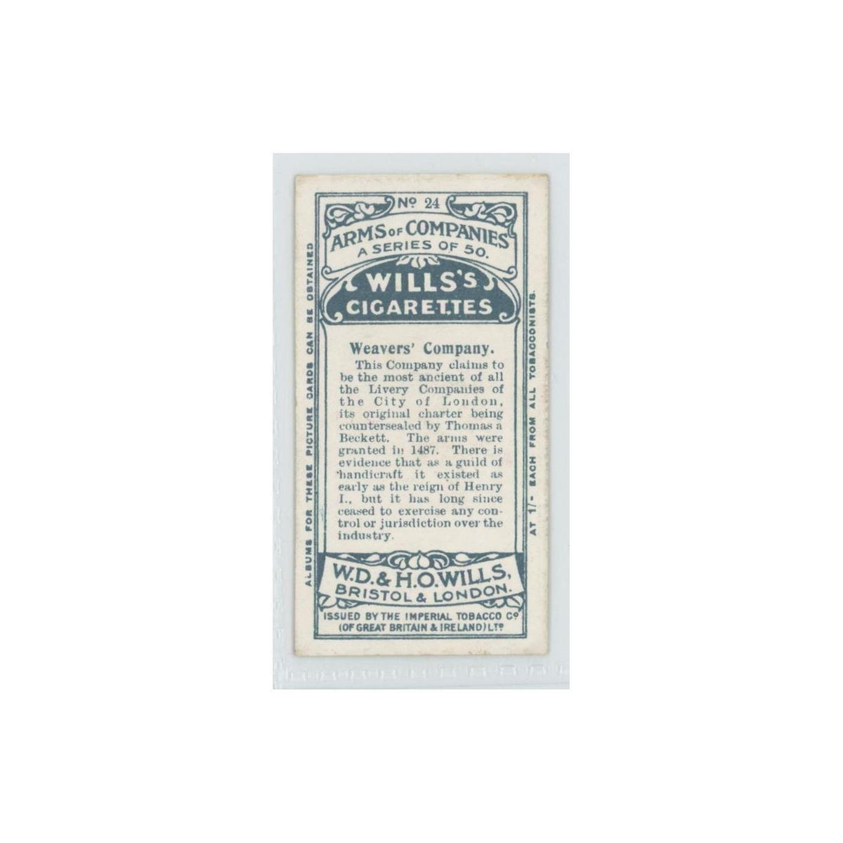 1913 Wills's Cigarettes Arms of Companies Weavers' #24