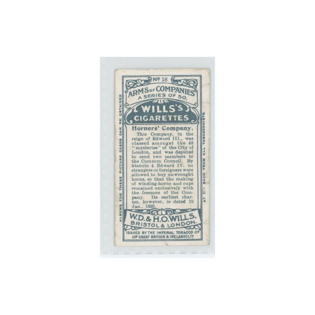1913 Wills's Cigarettes Arms of Companies Horners' #18