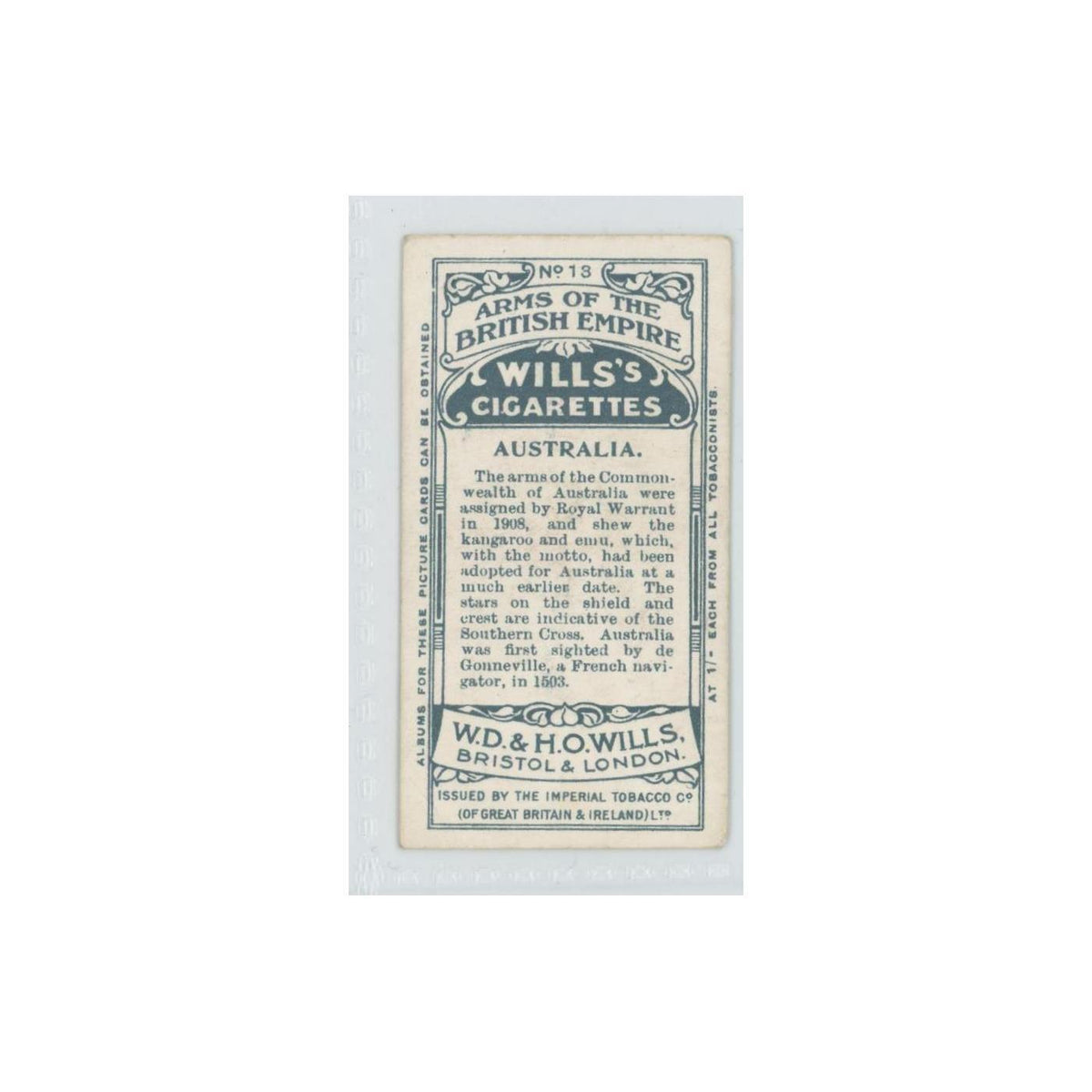1910 Wills's Cigarettes Arms of British Empire Australia #13