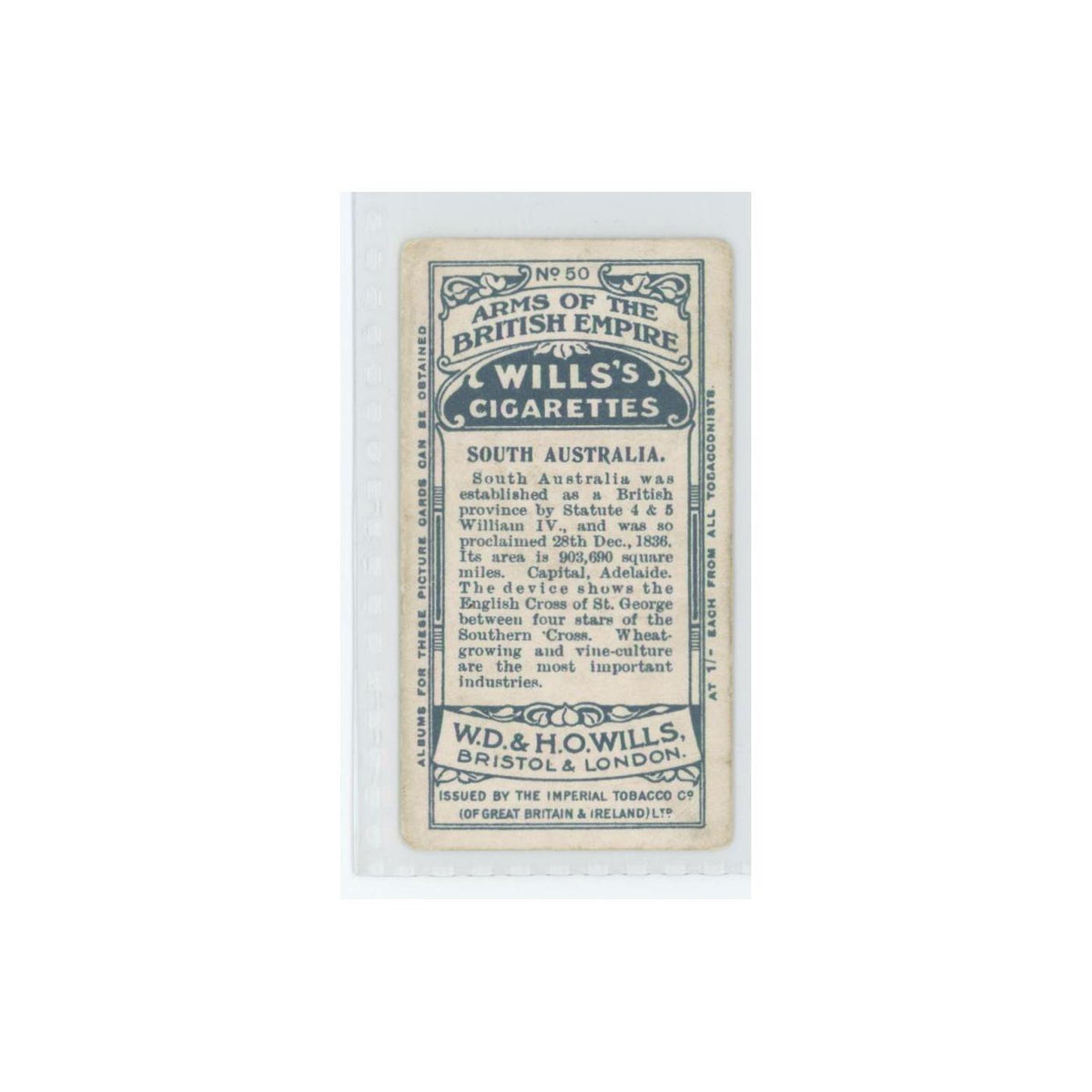 1910 Wills's Cigarettes Arms of British Empire South Australia #50