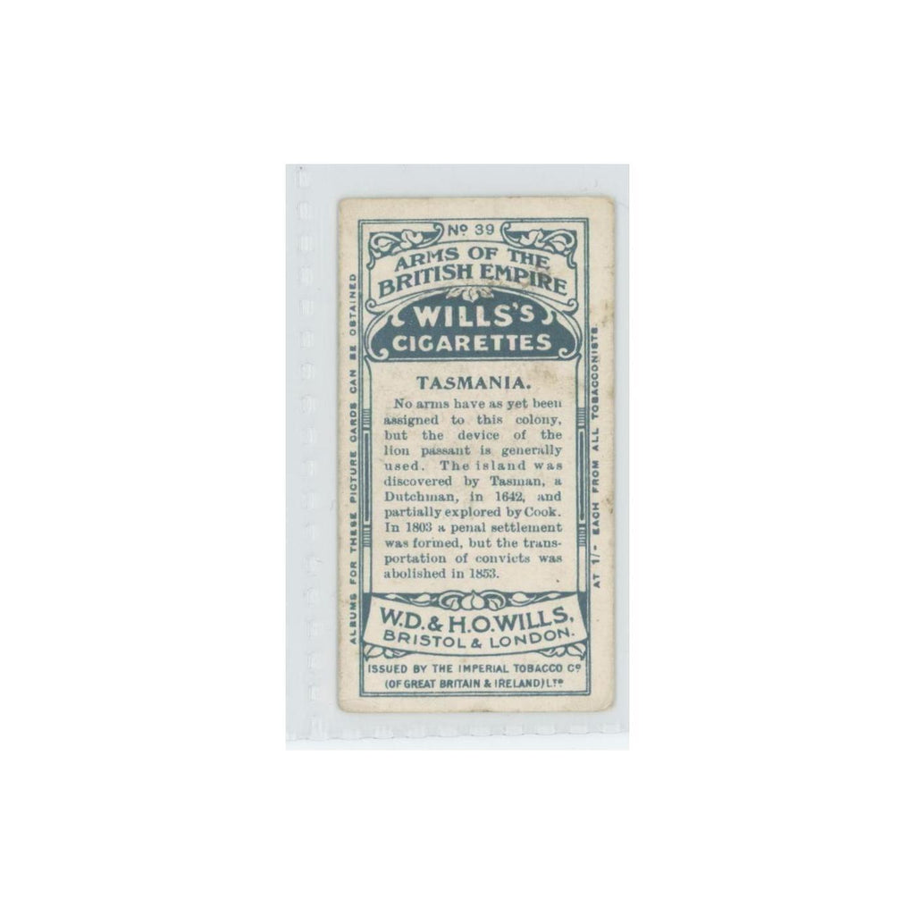1910 Wills's Cigarettes Arms of British Empire Tasmania #39