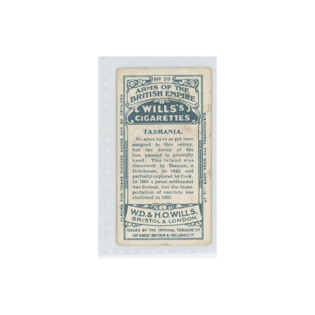 1910 Wills's Cigarettes Arms of British Empire Tasmania #39
