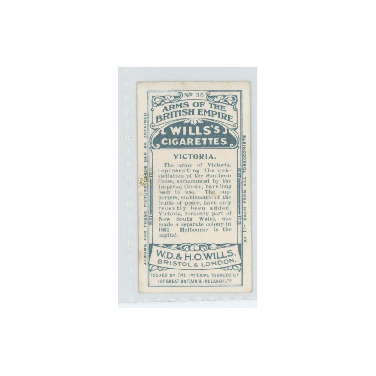 1910 Wills's Cigarettes Arms of British Empire Victoria #36