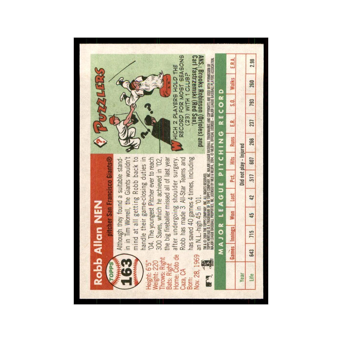2004 Topps Heritage Robb Nen Giants #163