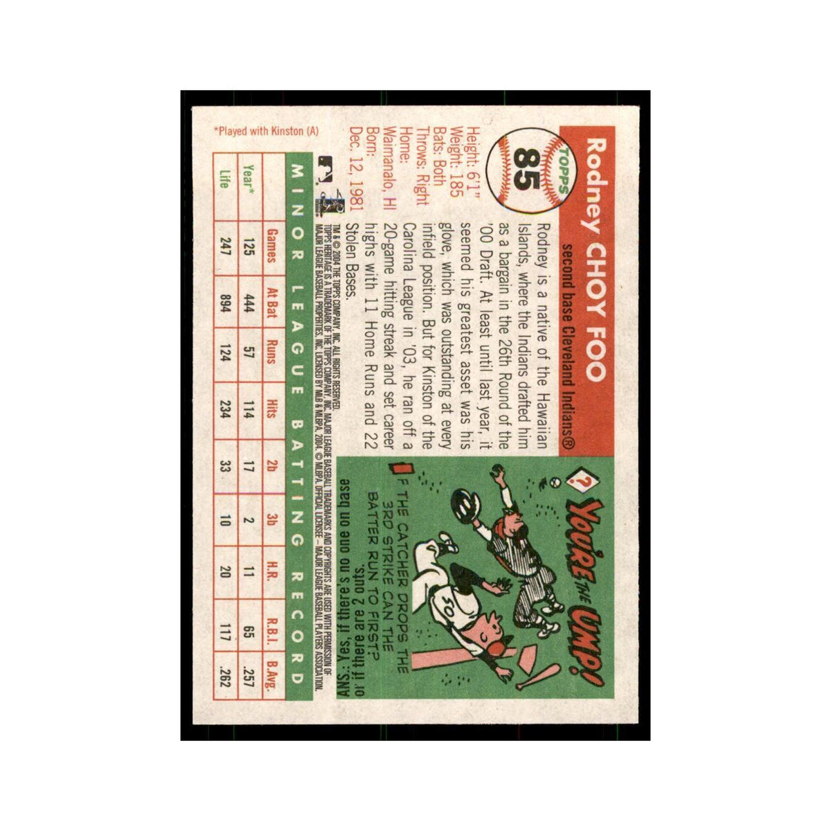 2004 Topps Heritage Rodney Choy Foo Indians #85