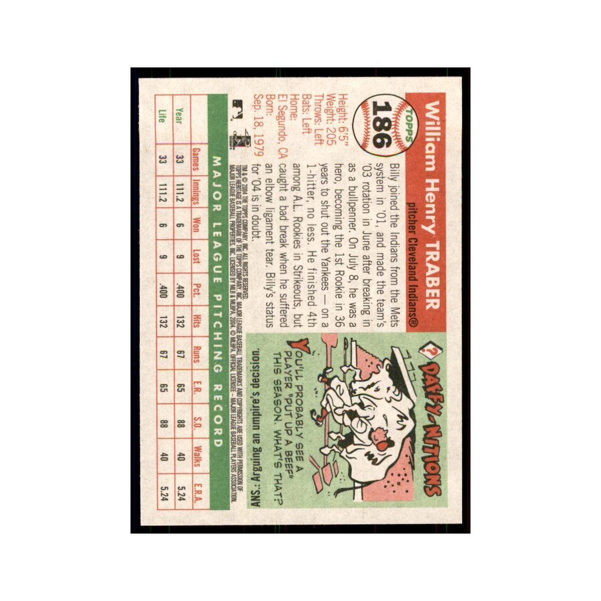 2004 Topps Heritage Billy Traber Indians #186