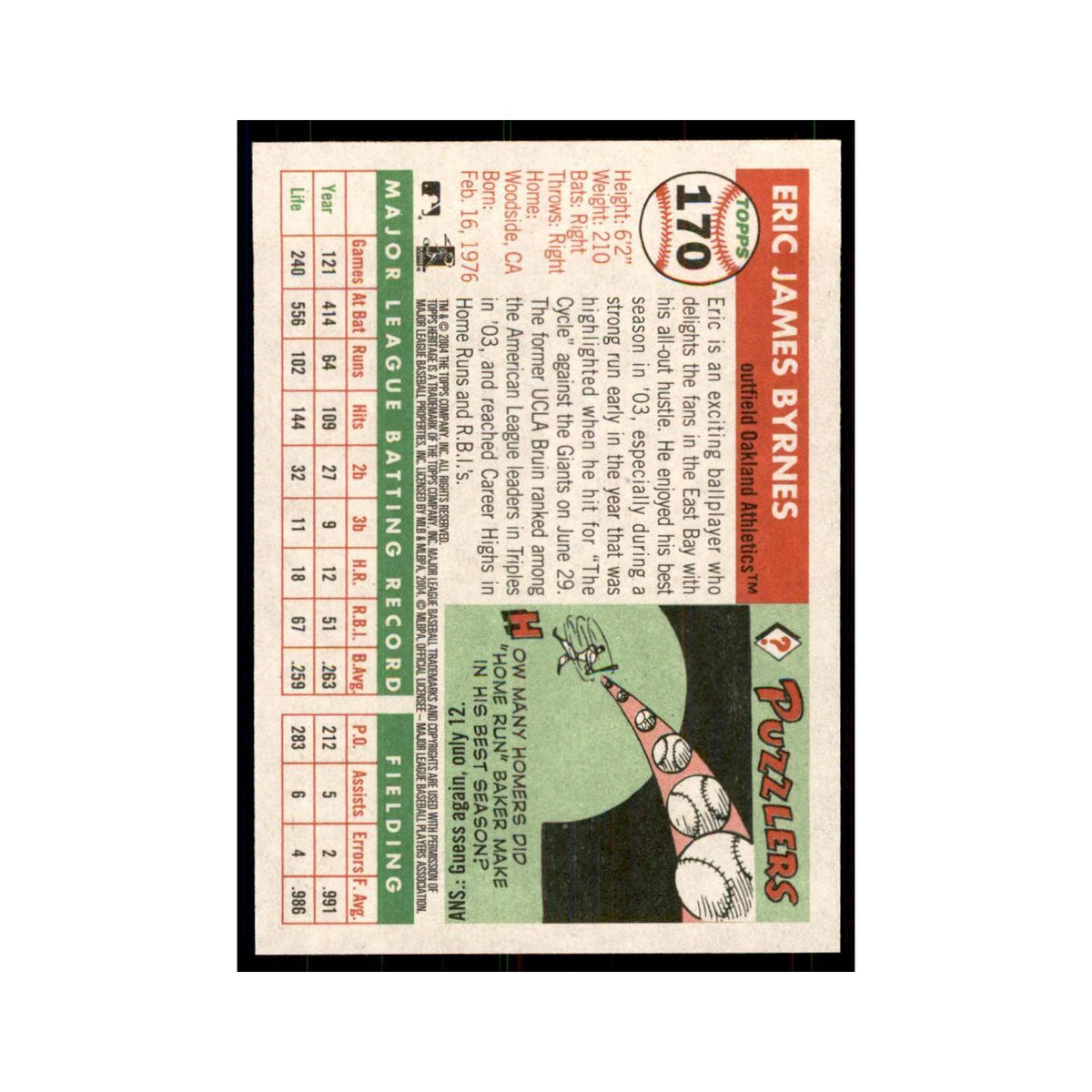 2004 Topps Heritage Eric Byrnes Athletics #170