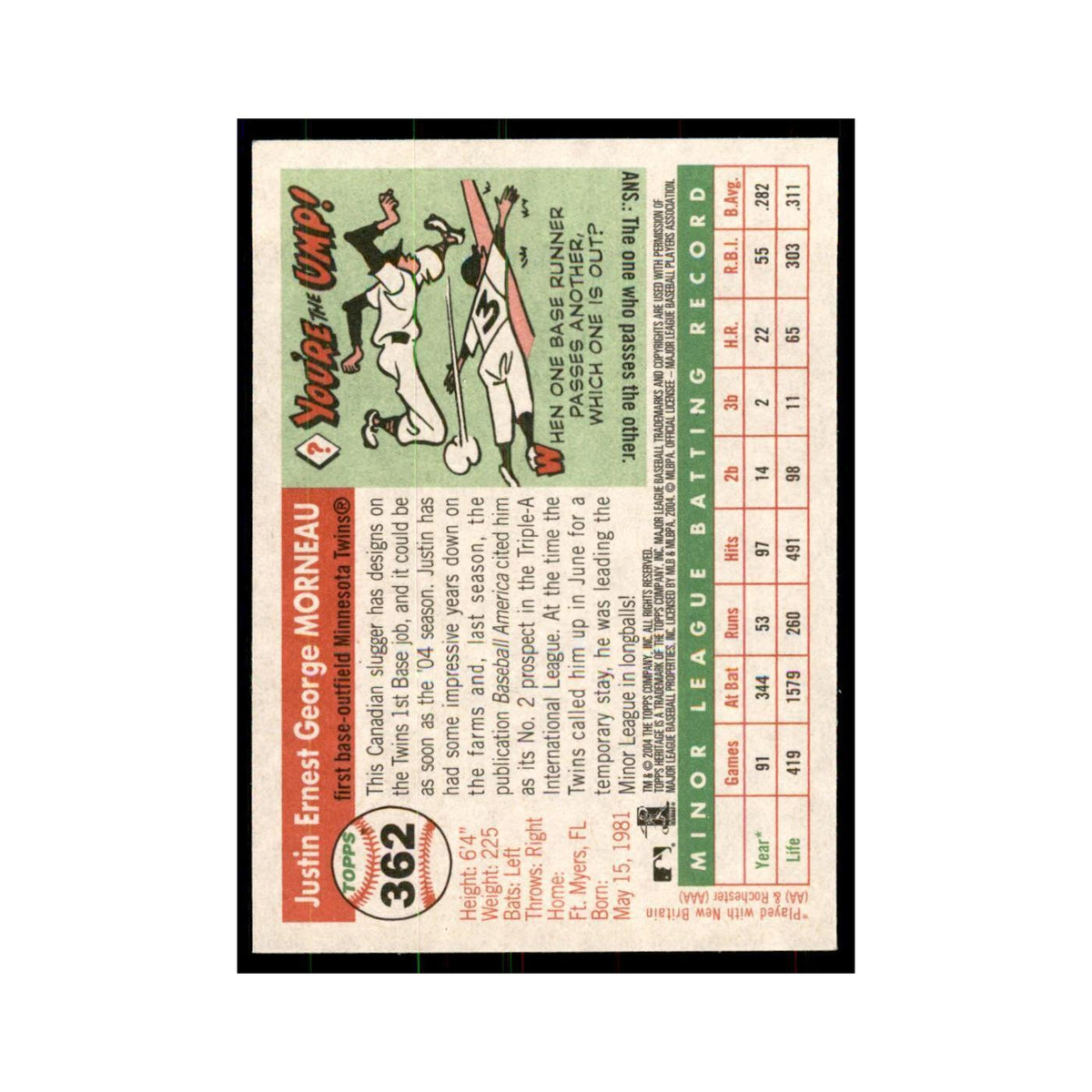 2004 Topps Heritage Justin Morneau Twins #362