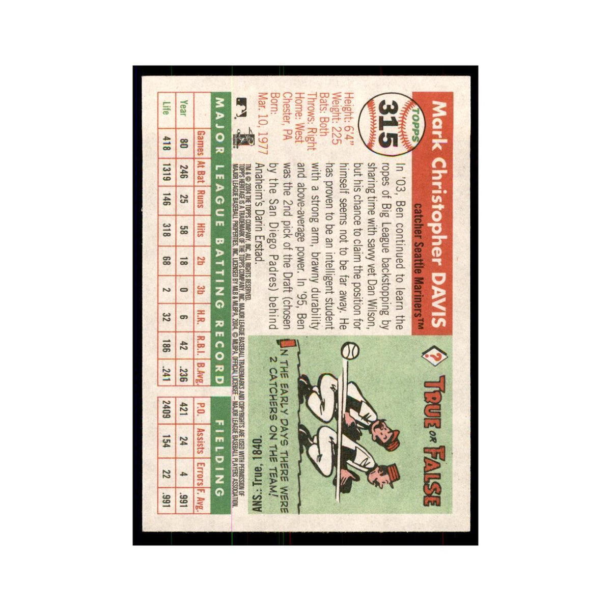 2004 Topps Heritage Ben Davis Mariners #315