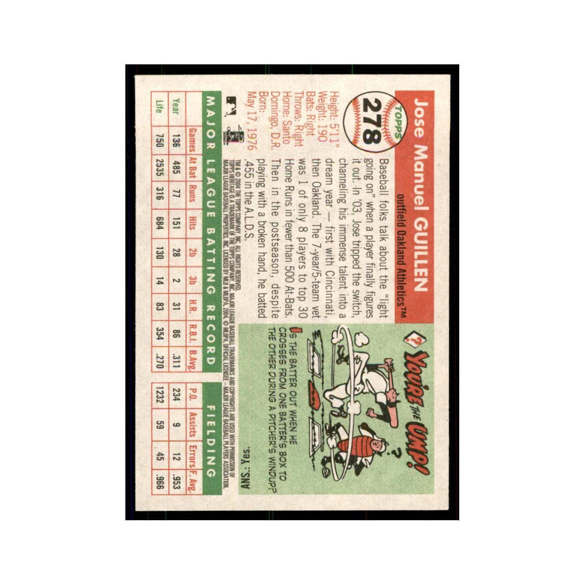 2004 Topps Heritage Jose Guillen Athletics #278