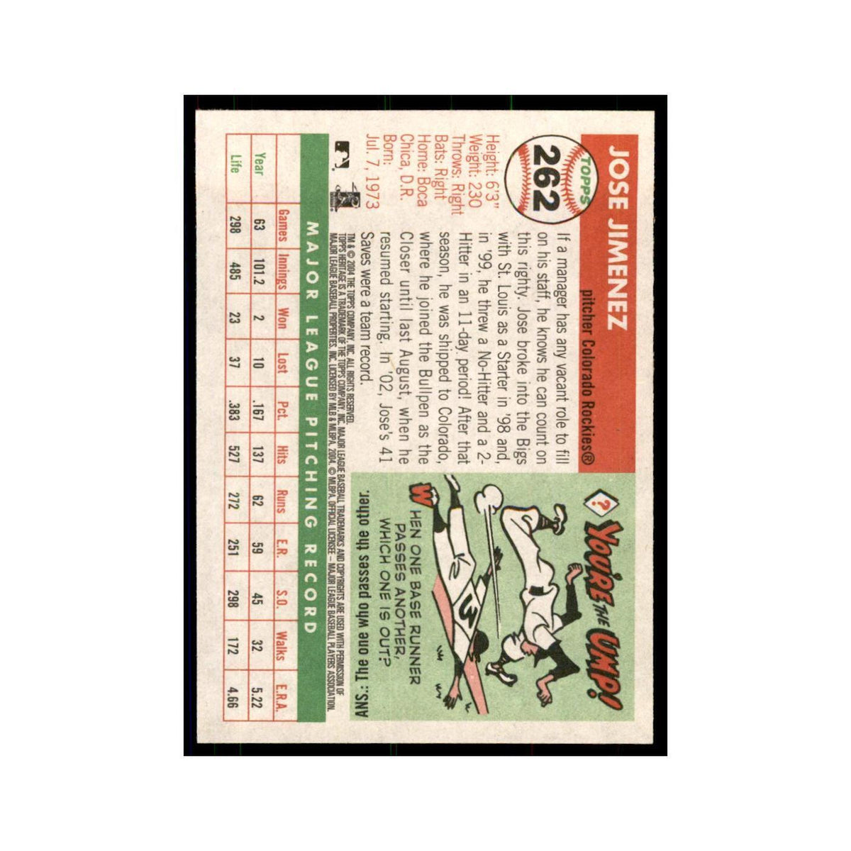 2004 Topps Heritage Jose Jimenez Rockies #262