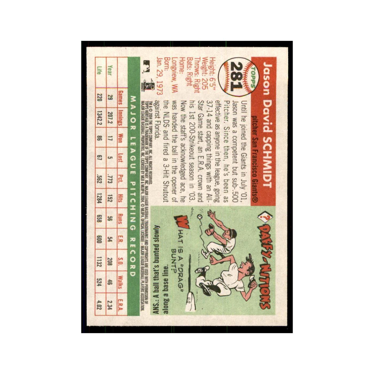 2004 Topps Heritage Jason Schmidt Giants #281