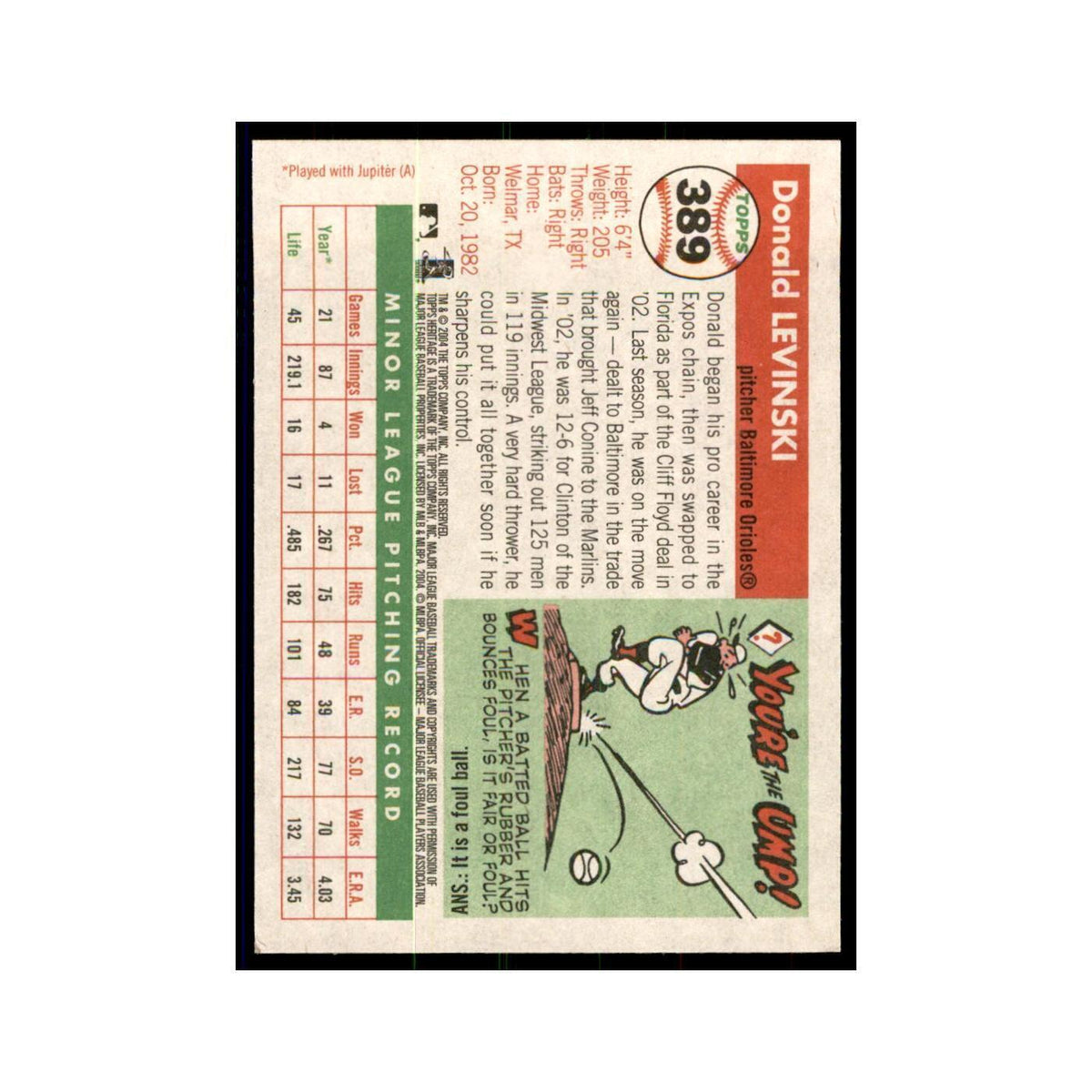 2004 Topps Heritage Donald Levinski RC Orioles #389