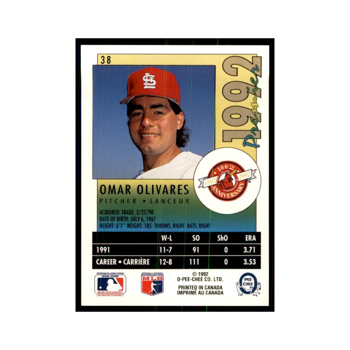 1992 O-Pee-Chee Premier Omar Olivares Cardinals #38