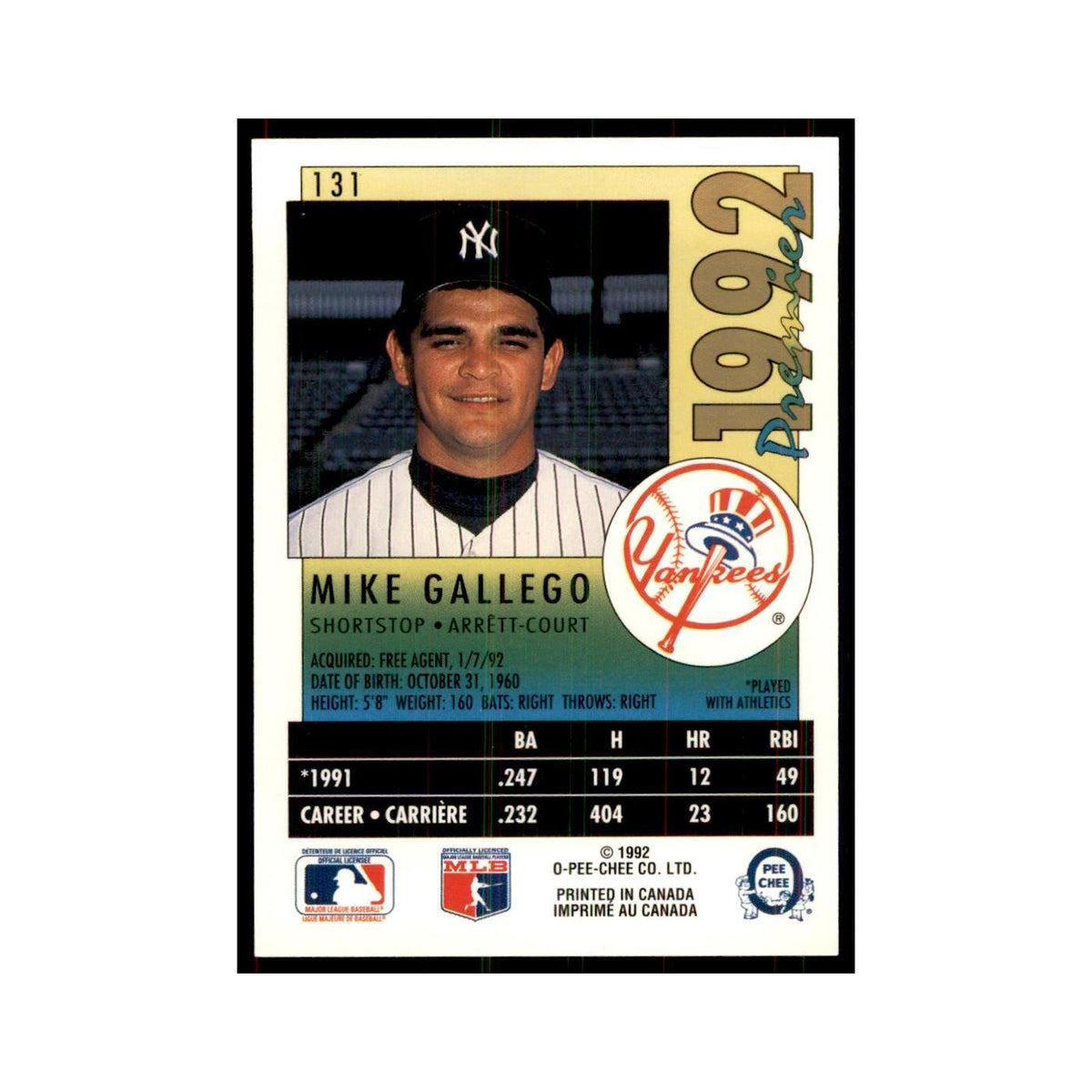 1992 O-Pee-Chee Premier Mike Gallego Yankees #131
