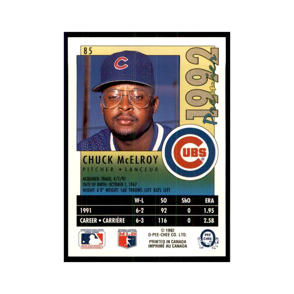 1992 O-Pee-Chee Premier Chuck McElroy Cubs #85