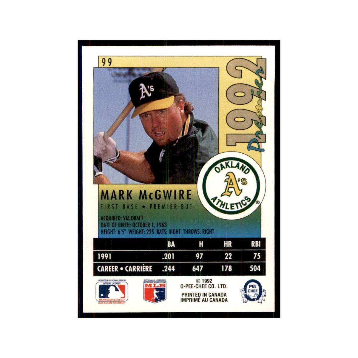 1992 O-Pee-Chee Premier Mark McGwire Athletics #99