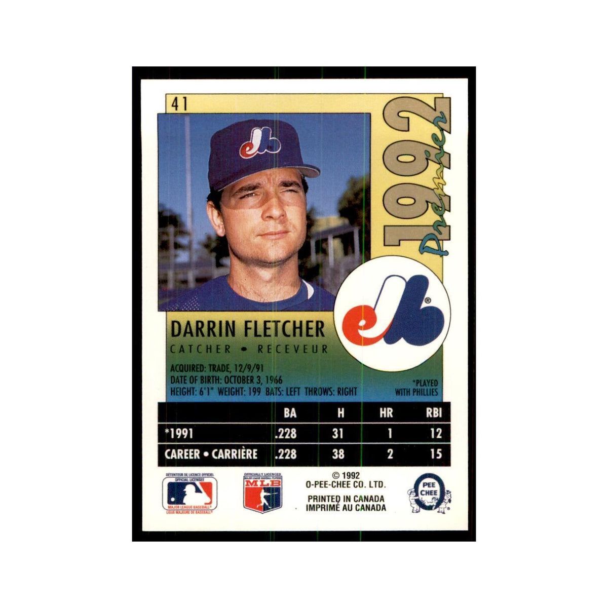 1992 O-Pee-Chee Premier Darrin Fletcher Montreal Expos #41
