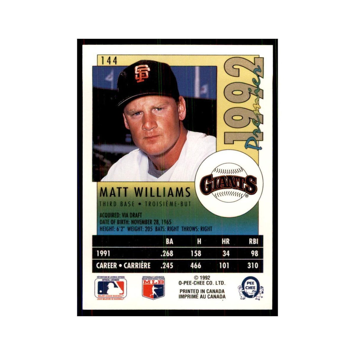 1992 O-Pee-Chee Premier Matt Williams Giants #144