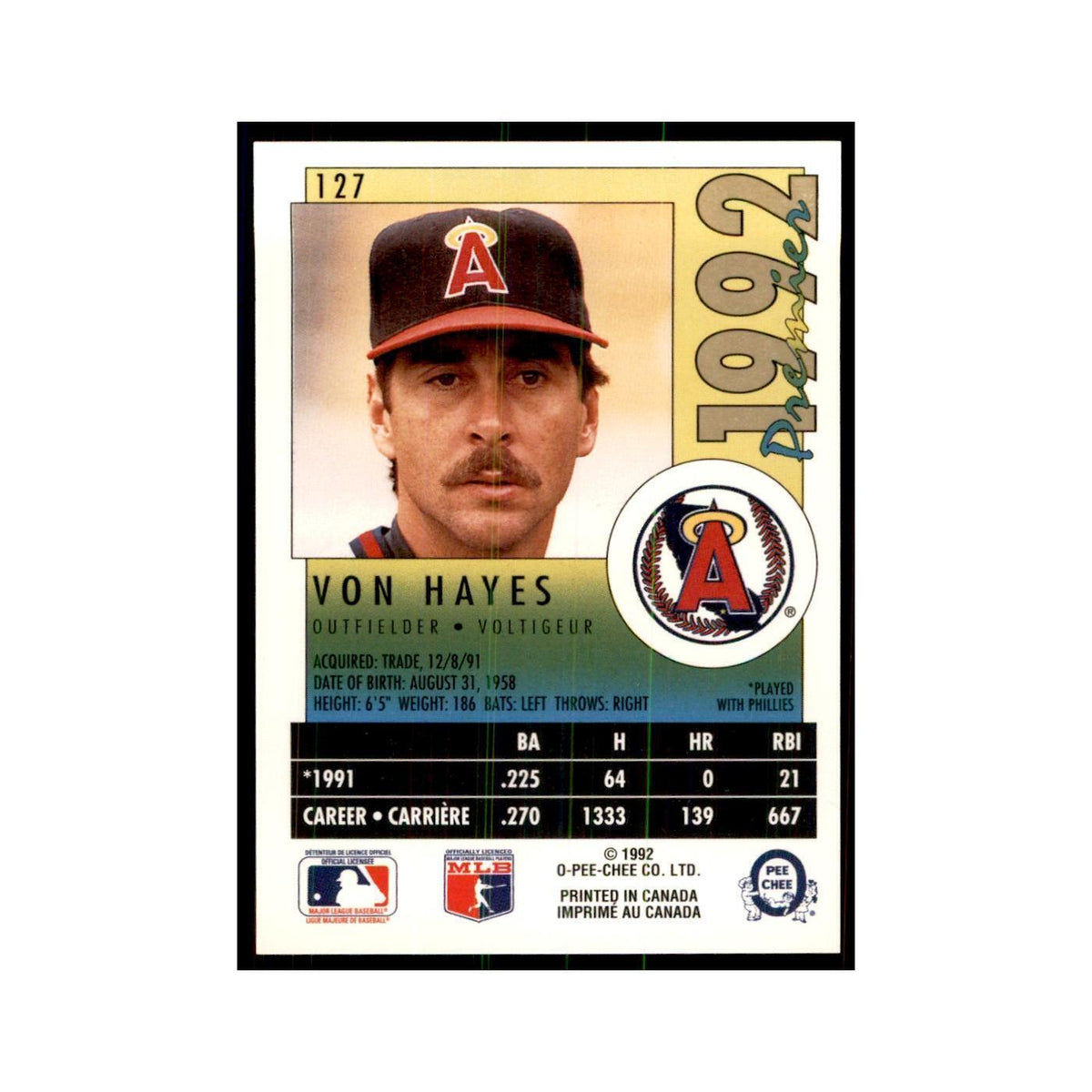 1992 O-Pee-Chee Premier Von Hayes Angels #127