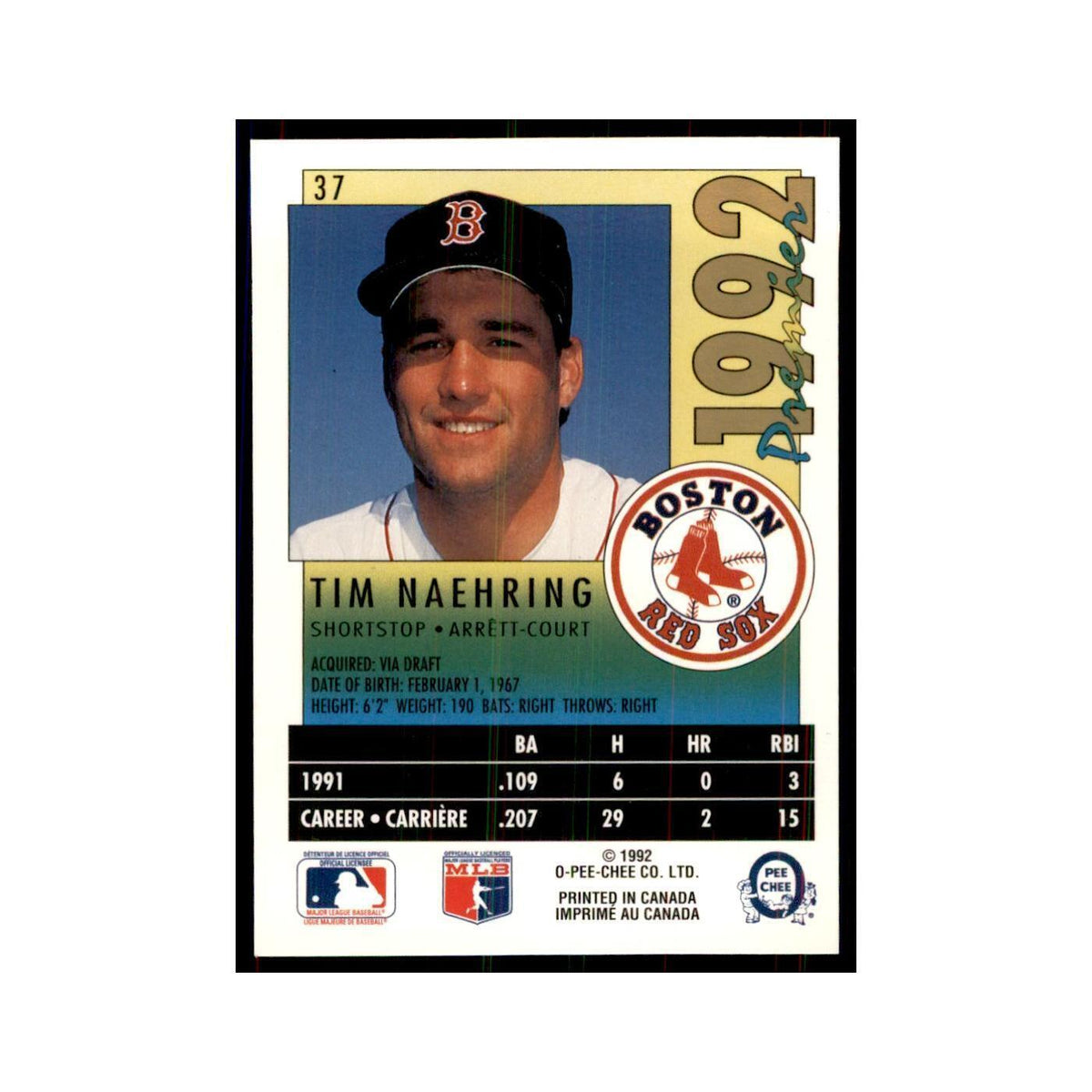 1992 O-Pee-Chee Premier Tim Naehring Red Sox #37