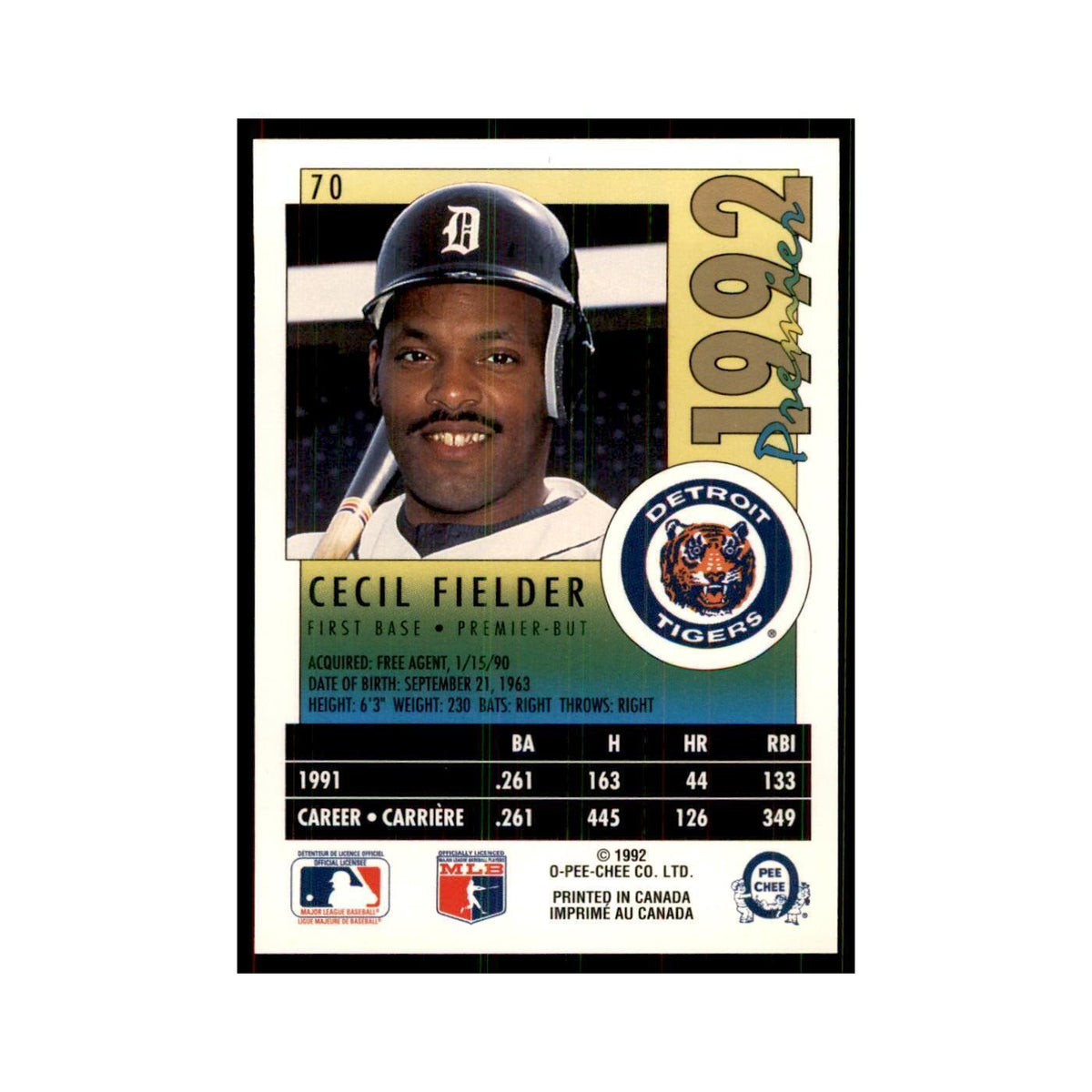 1992 O-Pee-Chee Premier Cecil Fielder Tigers #70