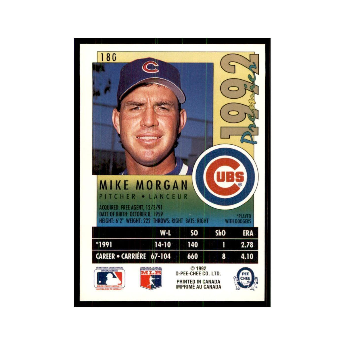 1992 O-Pee-Chee Premier Mike Morgan Cubs #180