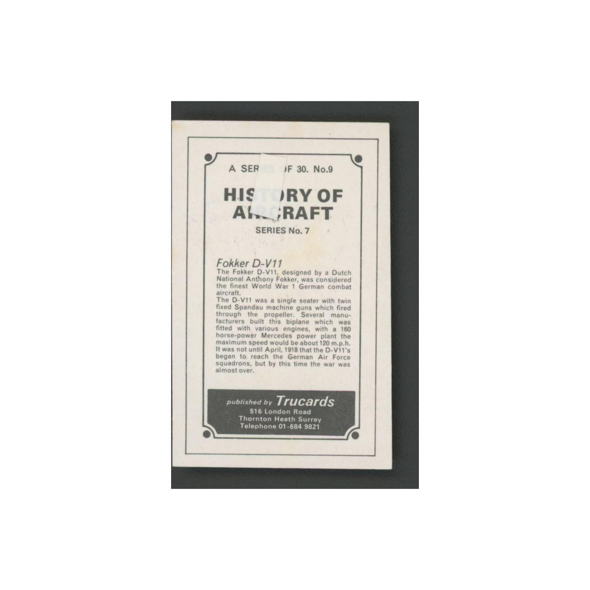 1970 Trucards History of Aircraft Fokker D-V11 #9