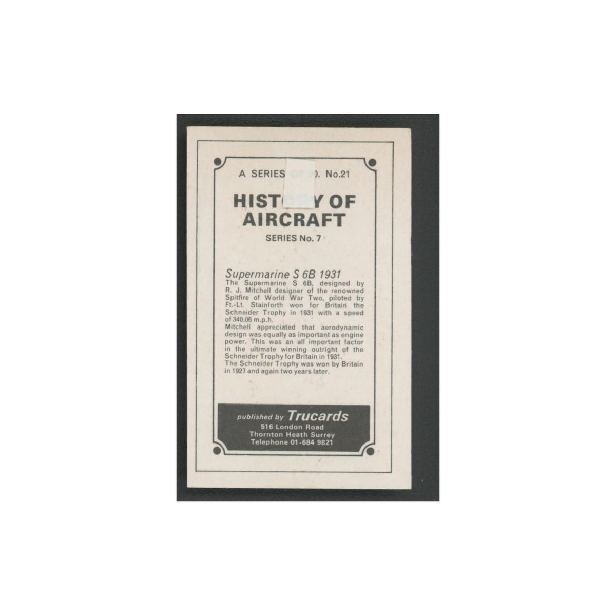 1970 Trucards History of Aircraft Supermarine S 6B 1931 #21