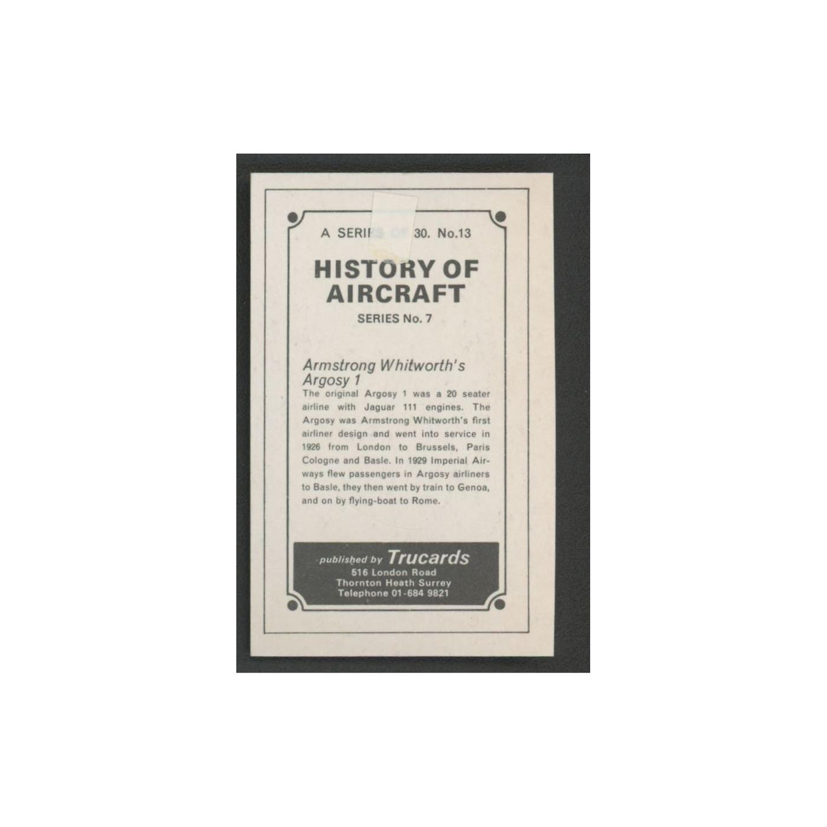 1970 Trucards History of Aircraft Armstrong Whitworth's Argosy 1 #13