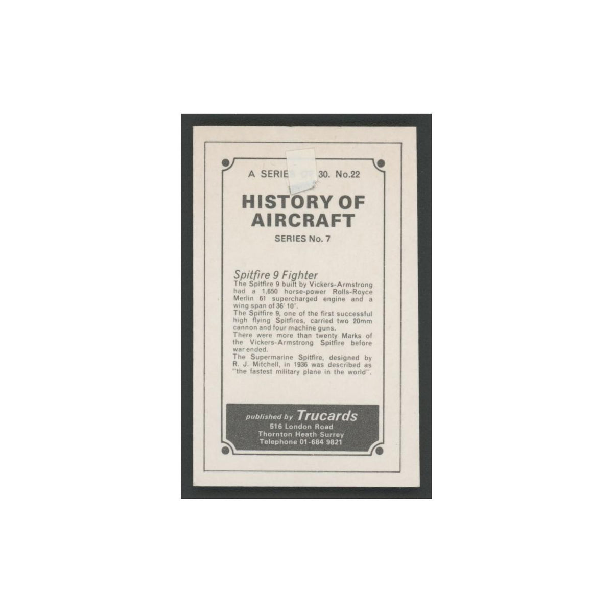 1970 Trucards History of Aircraft Spitfire 9 Fighter #22