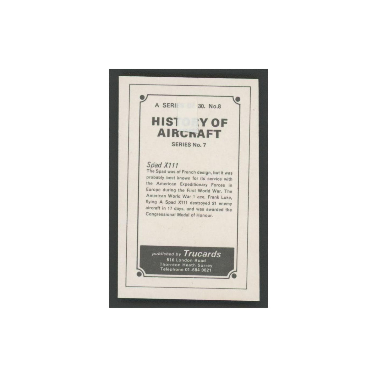 1970 Trucards History of Aircraft Spad X111 #8
