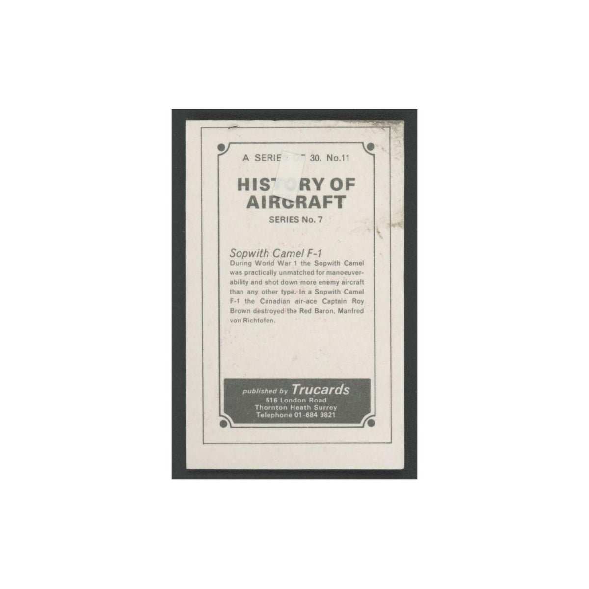 1970 Trucards History of Aircraft Sopwith Camel F-1 #11