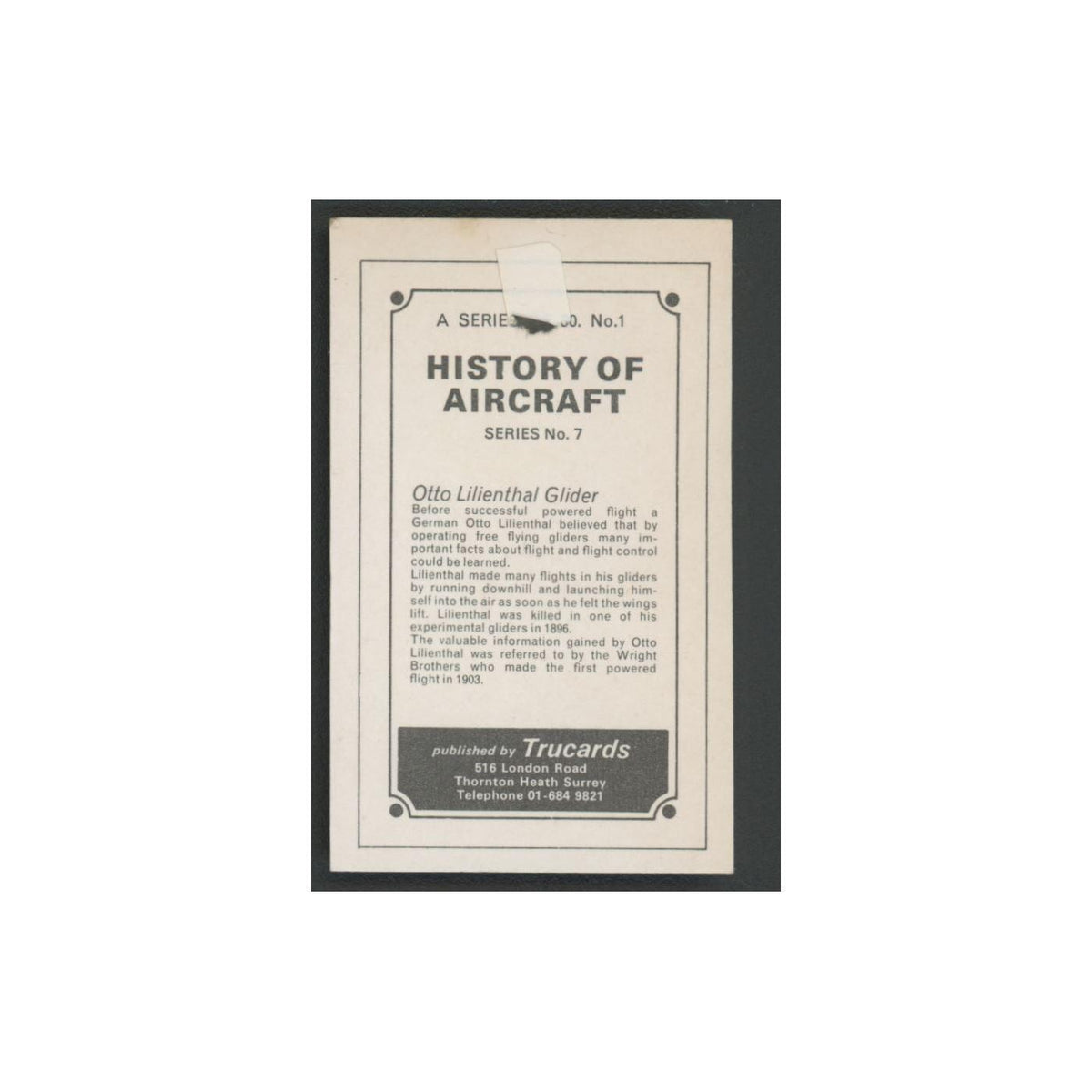 1970 Trucards History of Aircraft Otto Lilienthal Glider #1