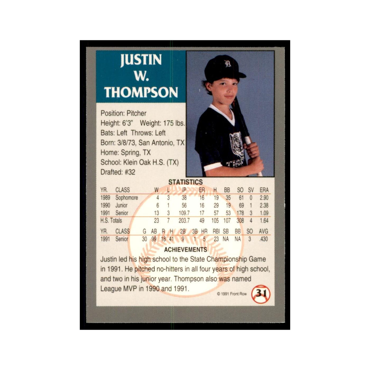 1991 Front Row Justin Thompson Baseball Cards #31
