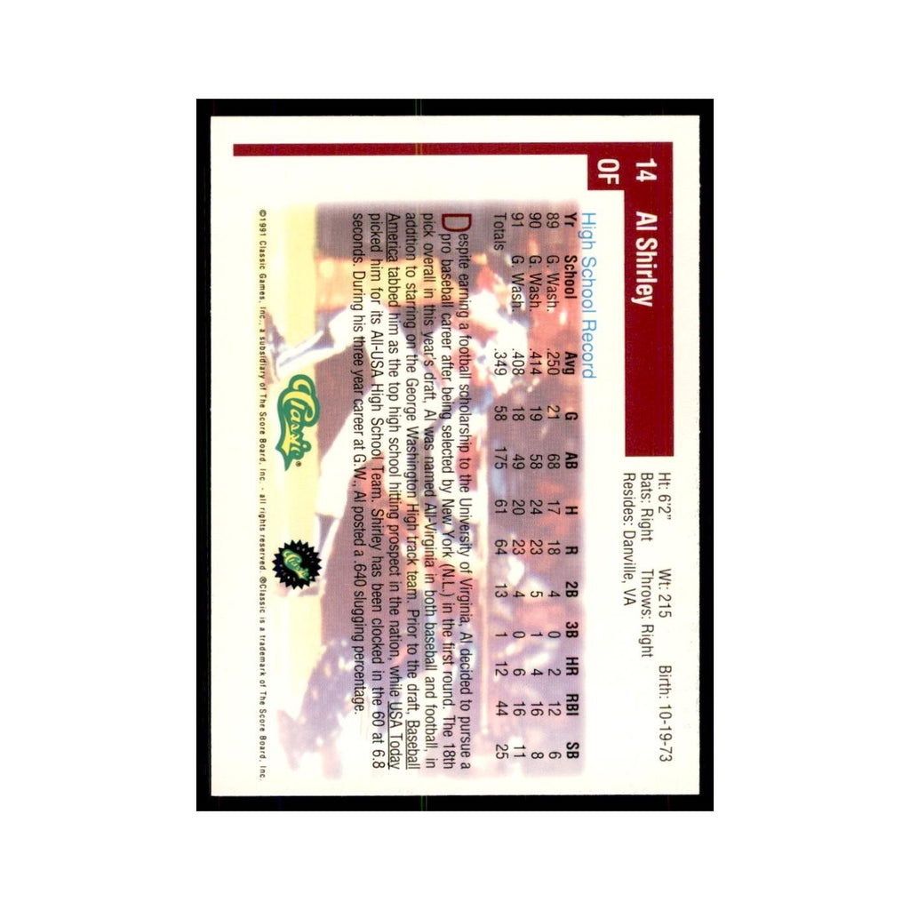 1991 Classic Draft Picks Al Shirley Baseball Cards #14