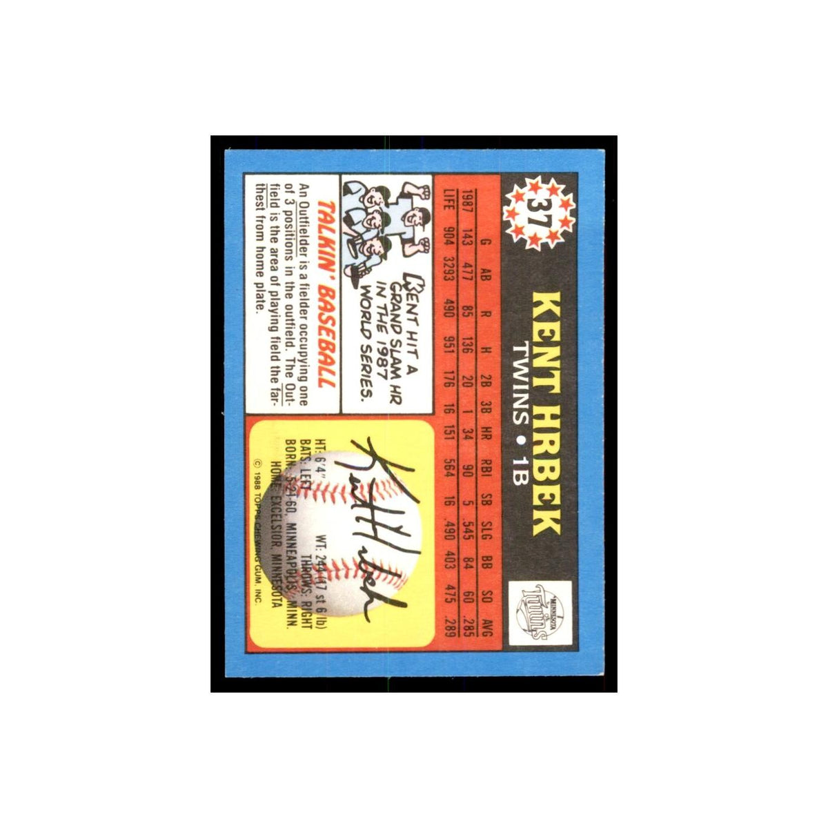 1988 Topps American Kent Hrbek Baseball Cards #37.0