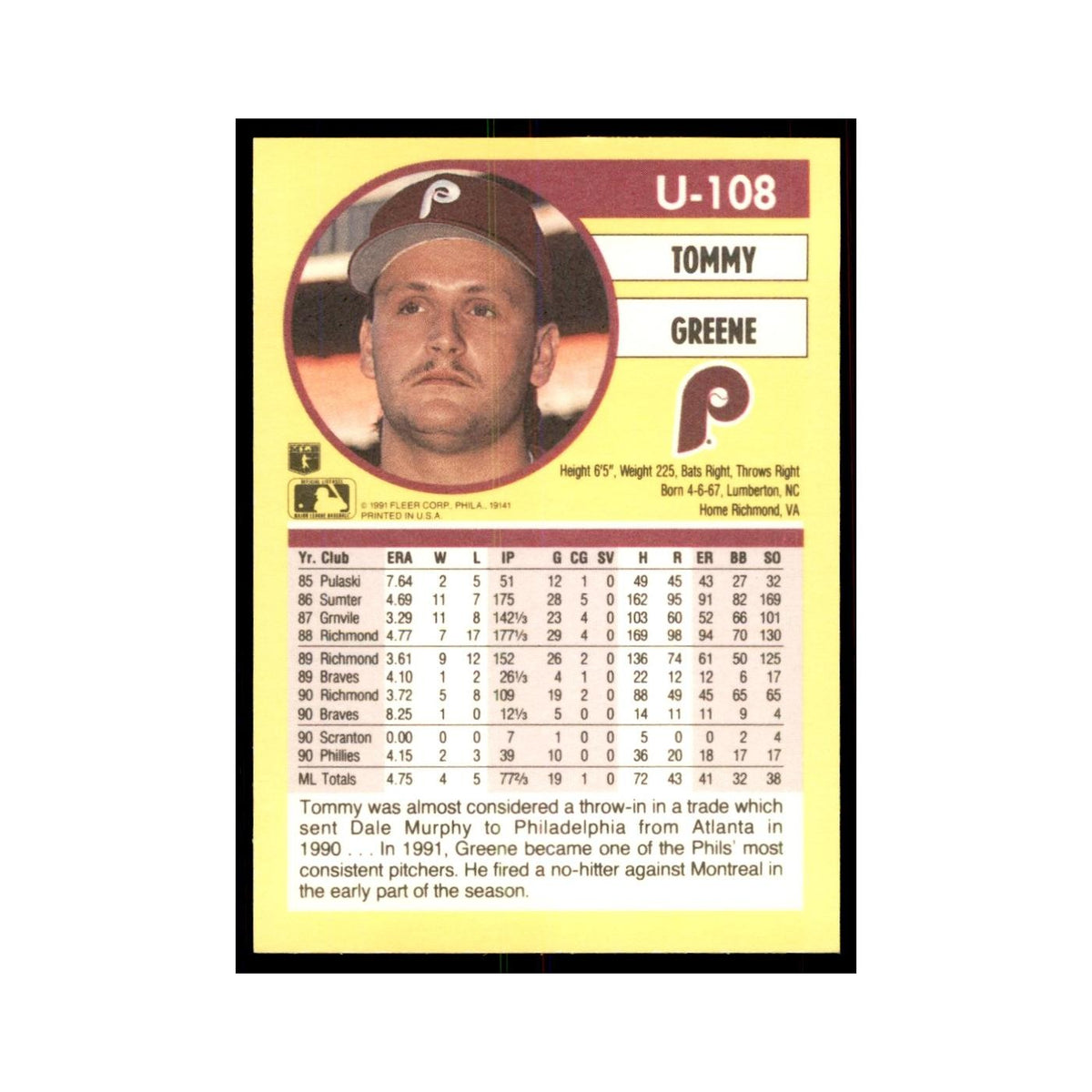 1991 Fleer Update Tommy Greene Baseball Cards #U-108