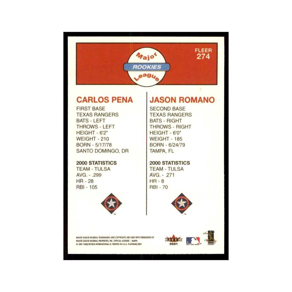 2001 Fleer Platinum Carlos Pena/Jason Romano Baseball Cards #274