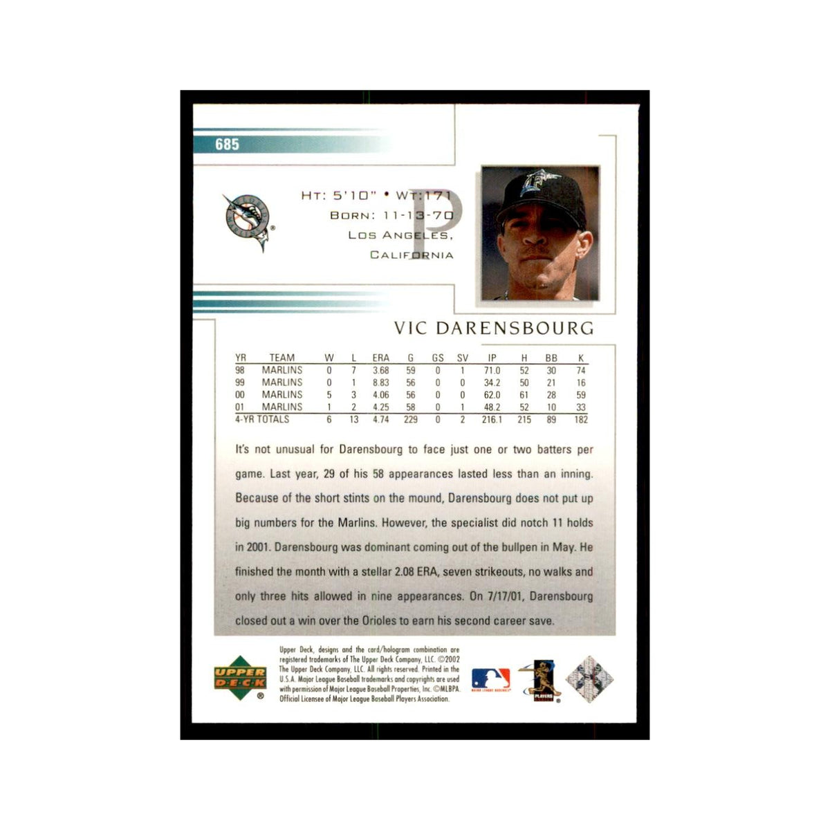 2002 Upper Deck Vic Darensbourg Baseball Cards #685