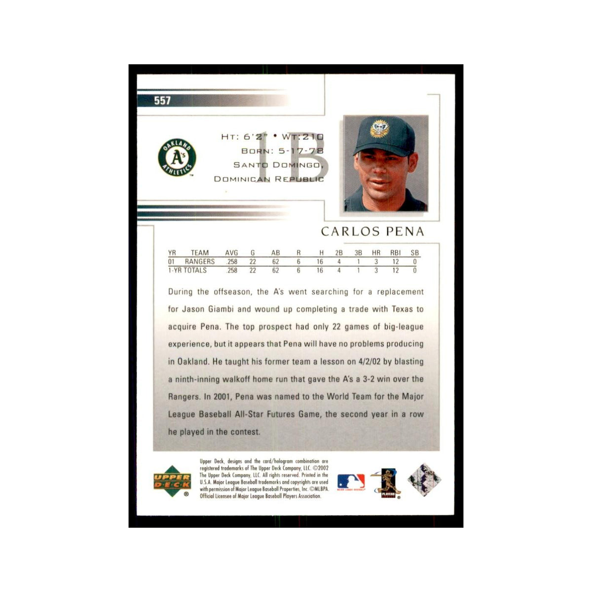 2002 Upper Deck Carlos Pena Baseball Cards #557