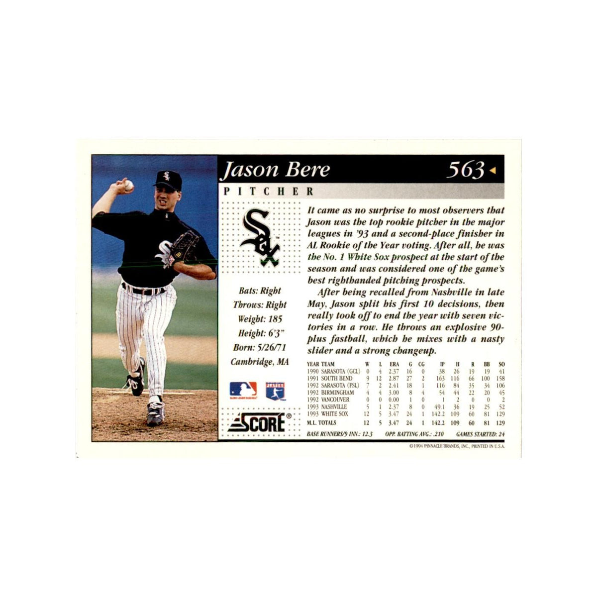 1994 Score Jason Bere Baseball Cards #563